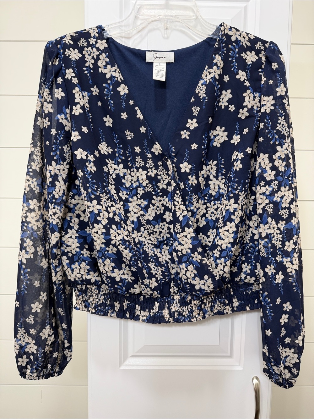 Japna Navy Blue and White Floral Wrap Blouse